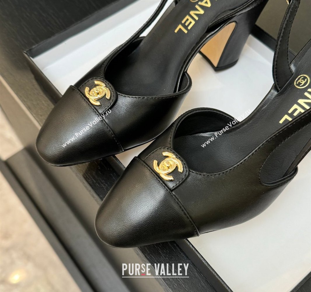 Chanel Lambskin Leather Slingback Pumps 9cm with CC Stud Tag Black 2025 G46441 (MD-250415017)