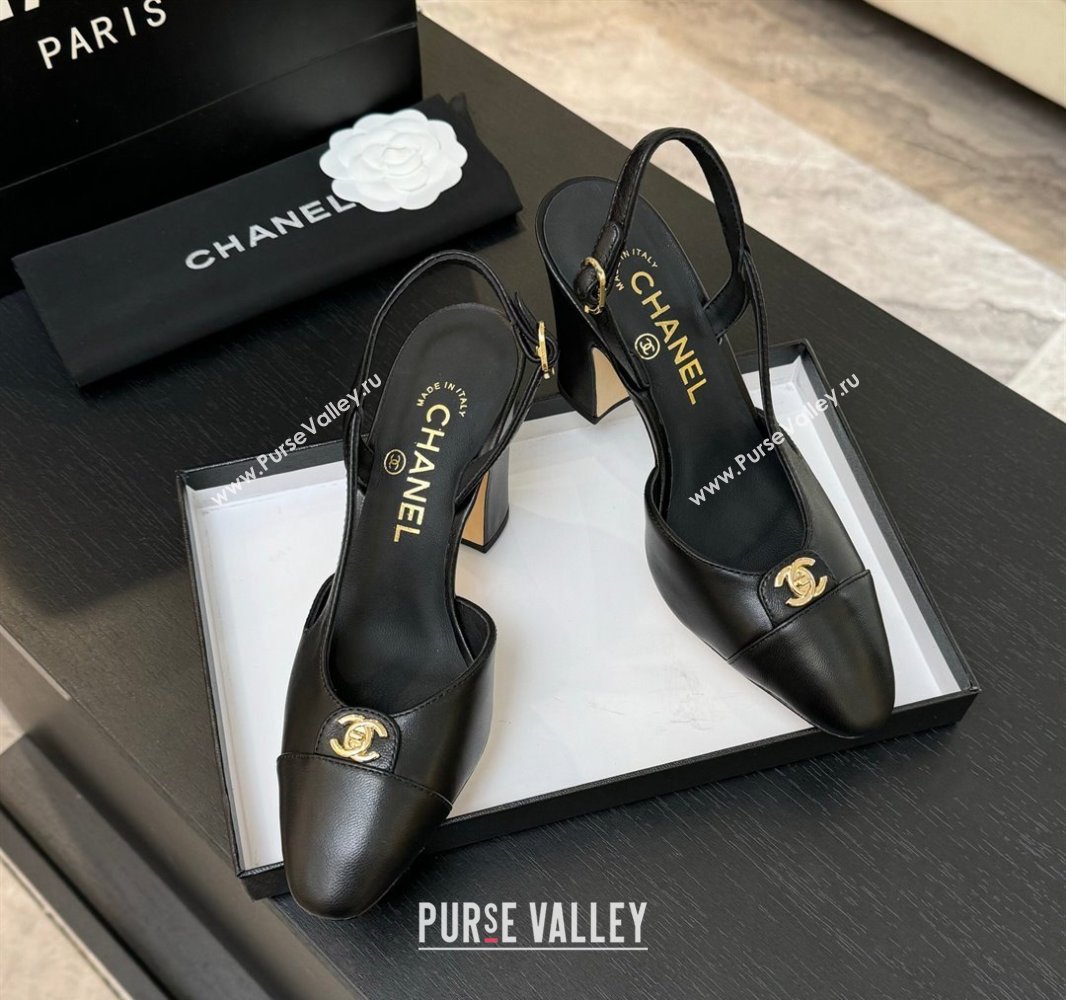 Chanel Lambskin Leather Slingback Pumps 9cm with CC Stud Tag Black 2025 G46441 (MD-250415017)