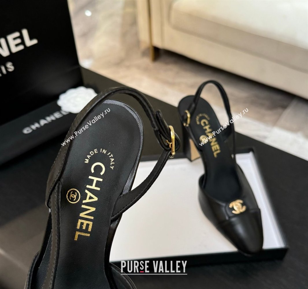 Chanel Lambskin Leather Slingback Pumps 9cm with CC Stud Tag Black 2025 G46441 (MD-250415017)