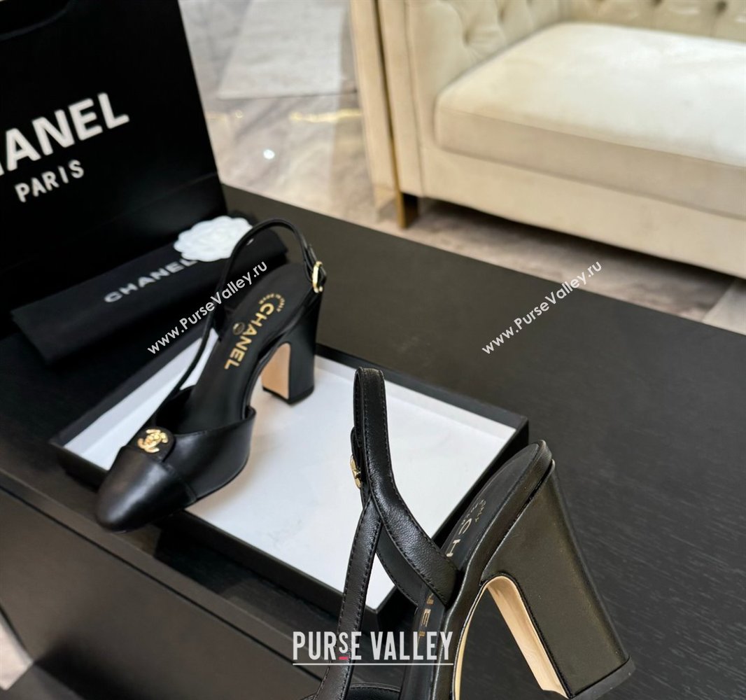 Chanel Lambskin Leather Slingback Pumps 9cm with CC Stud Tag Black 2025 G46441 (MD-250415017)