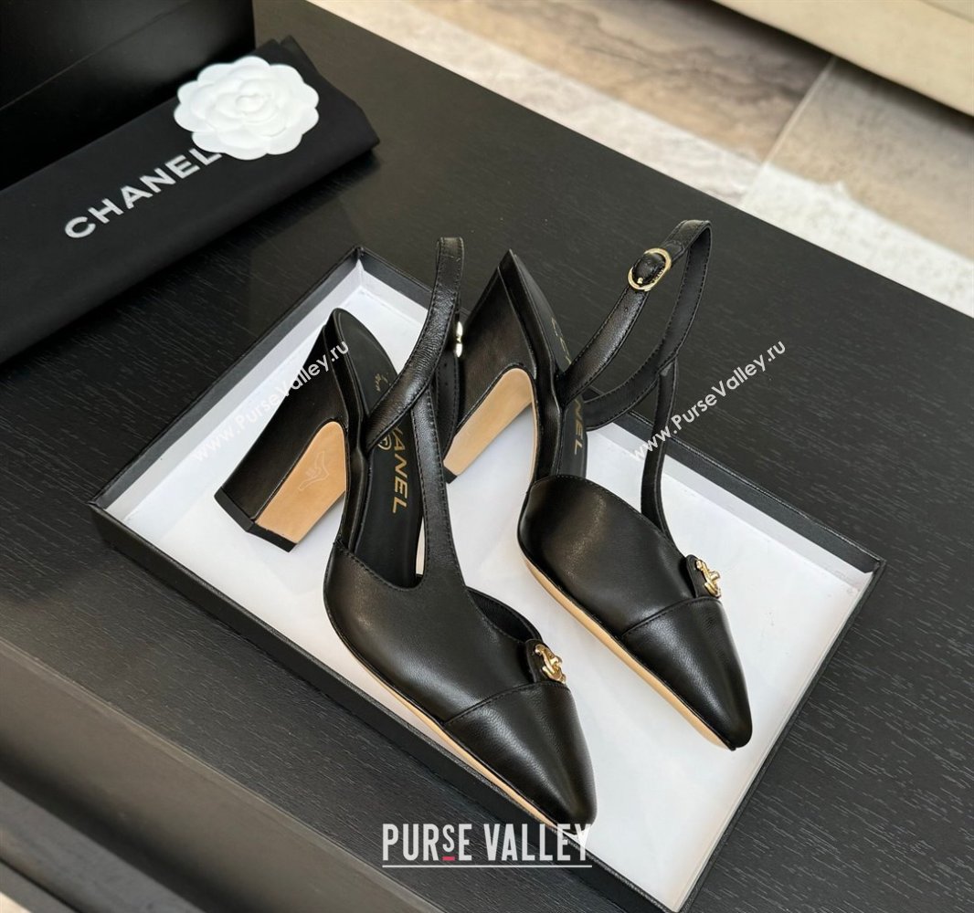 Chanel Lambskin Leather Slingback Pumps 9cm with CC Stud Tag Black 2025 G46441 (MD-250415017)