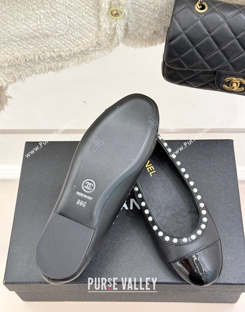 Chanel Lambskin Patent Calfskin Ballet Flats with Pearls Black 2025 CH041609 (MD-250416065)