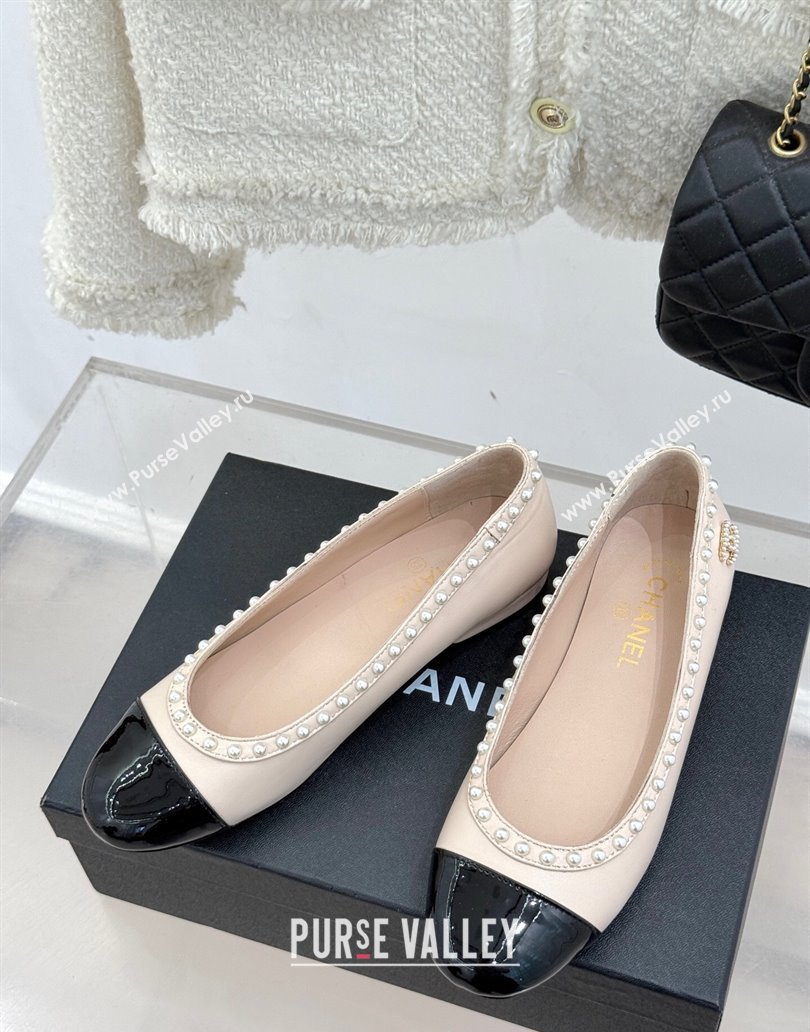 Chanel Lambskin Patent Calfskin Ballet Flats with Pearls Light Pink 2025 CH041609 (MD-250416066)