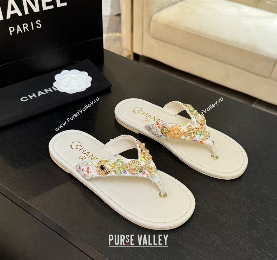 Chanel Tweed Flat Thong Slide Sandals with Charm White 2025 G46304 (MD-250416136)