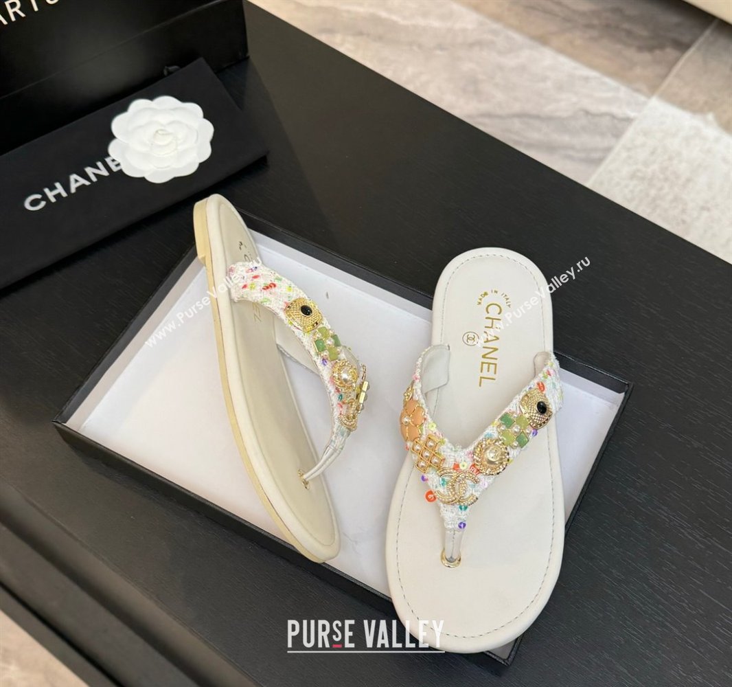 Chanel Tweed Flat Thong Slide Sandals with Charm White 2025 G46304 (MD-250416136)