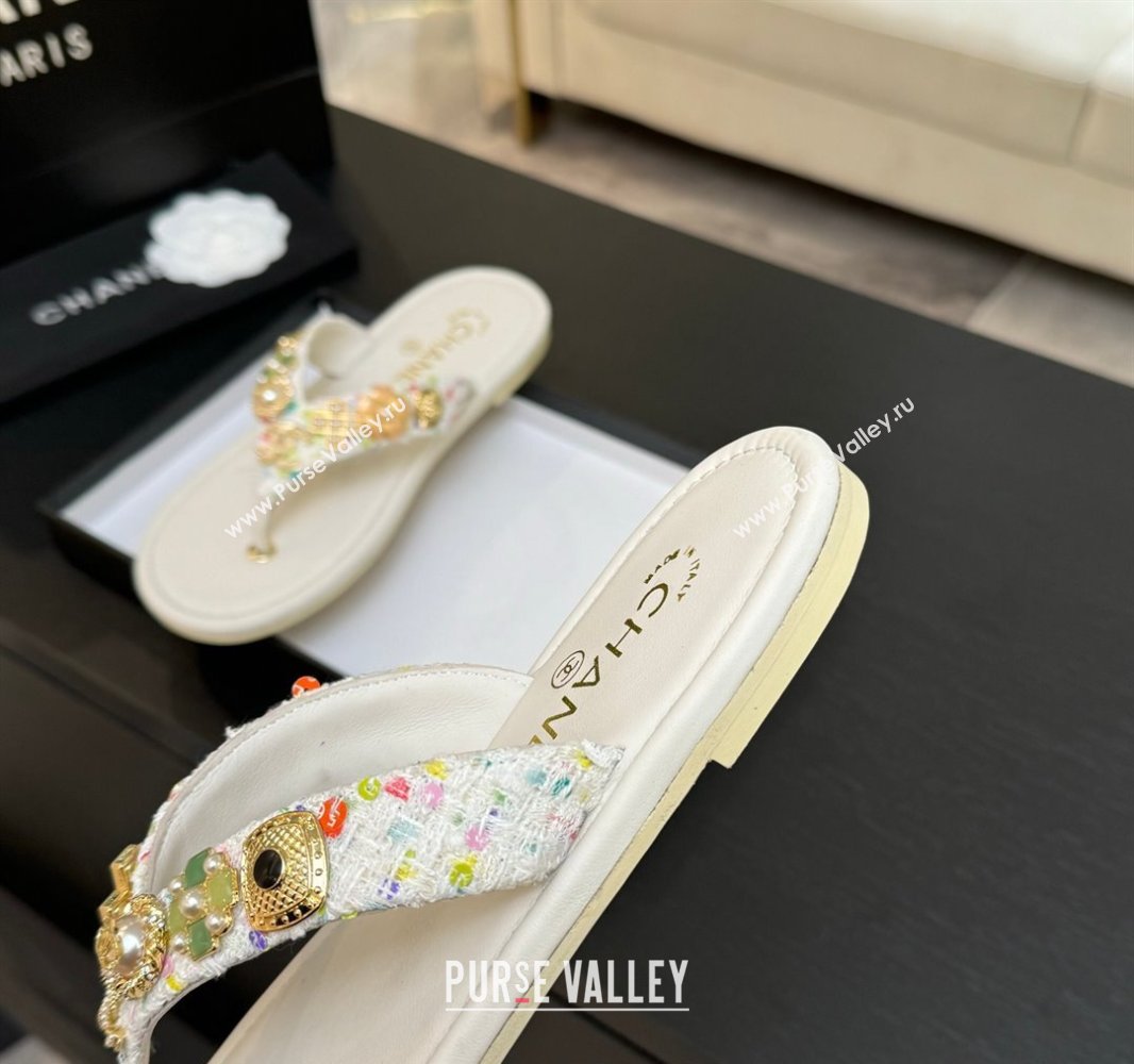 Chanel Tweed Flat Thong Slide Sandals with Charm White 2025 G46304 (MD-250416136)