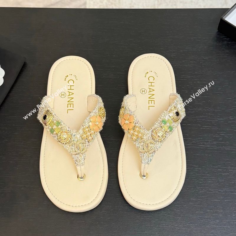 Chanel Tweed Flat Thong Slide Sandals with Charm Nude 2025 G46304 (MD-250416137)