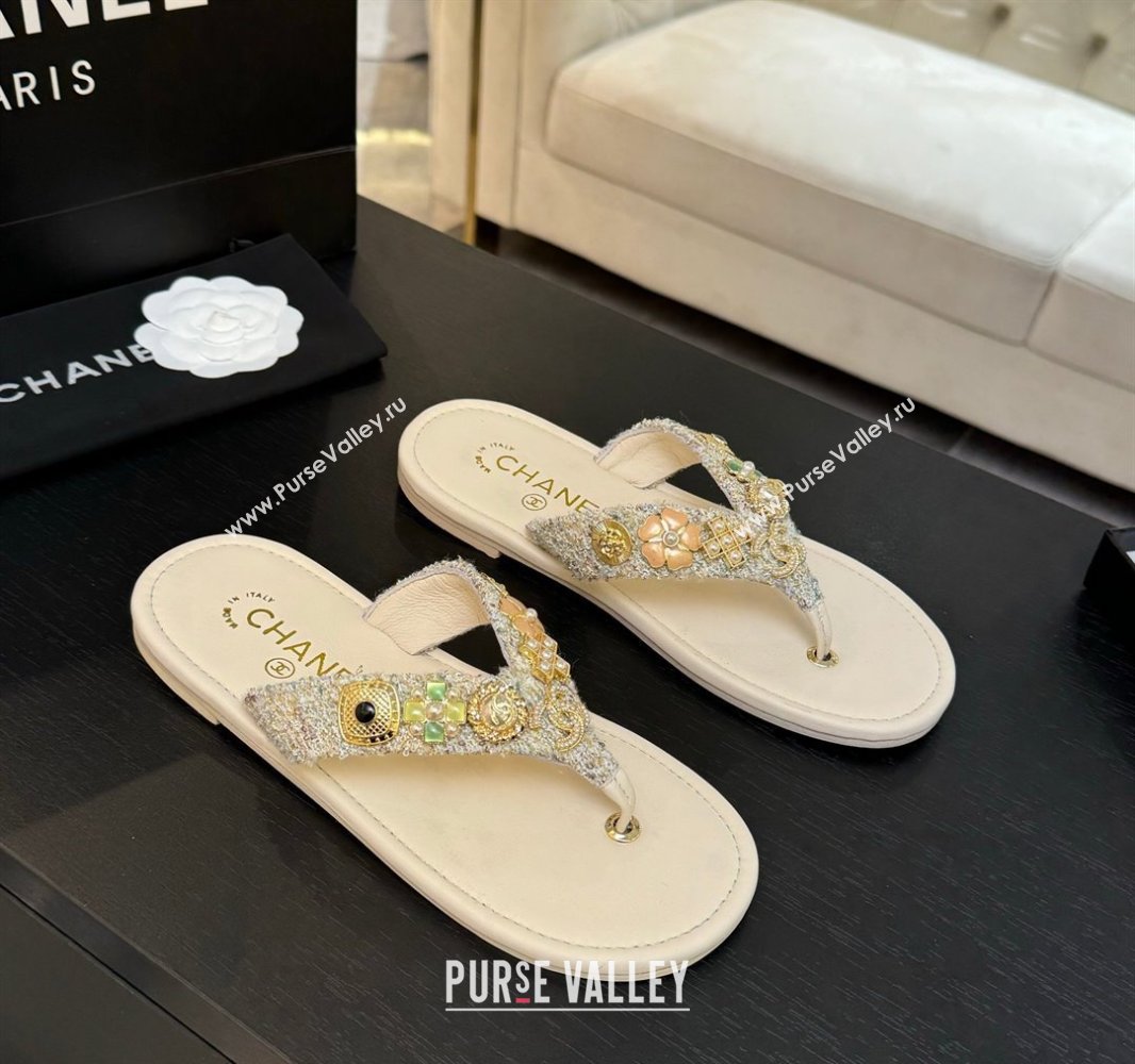 Chanel Tweed Flat Thong Slide Sandals with Charm Nude 2025 G46304 (MD-250416137)