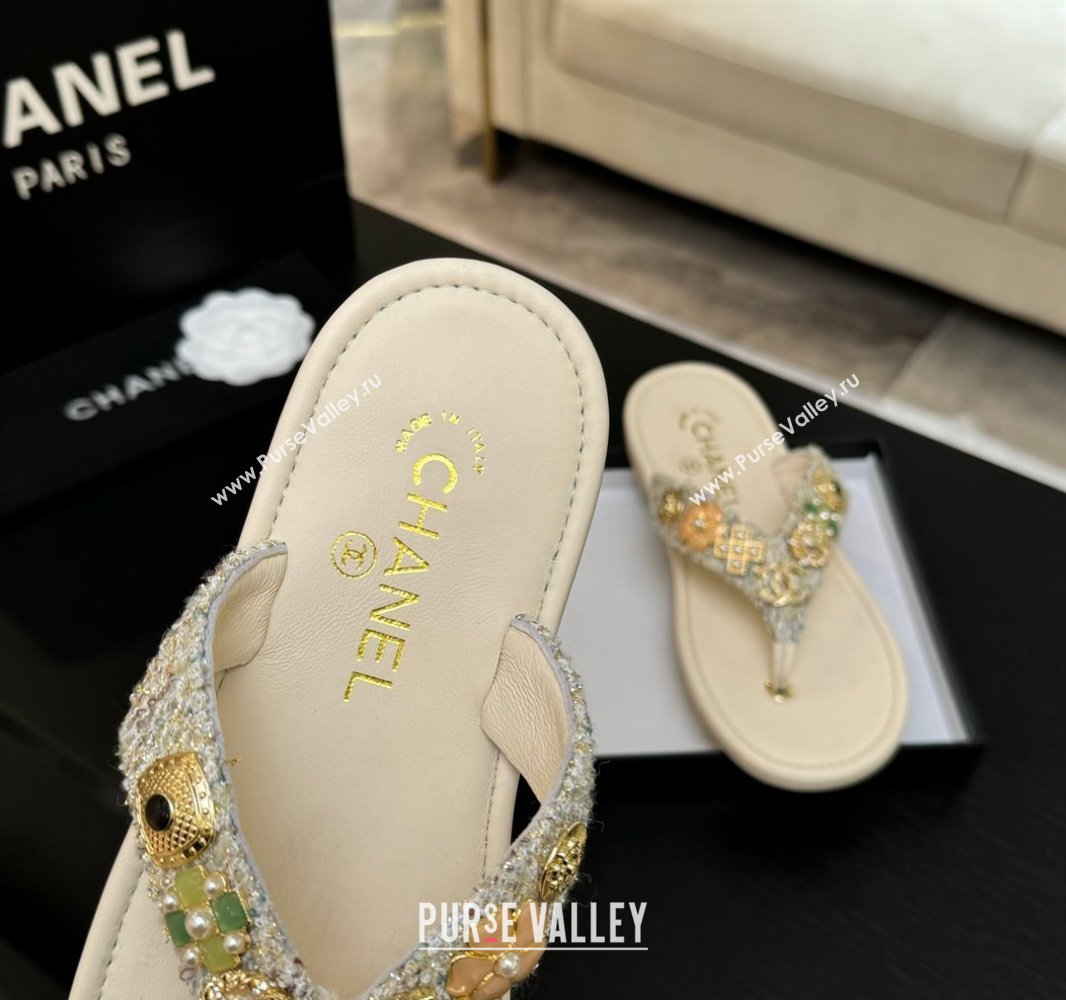 Chanel Tweed Flat Thong Slide Sandals with Charm Nude 2025 G46304 (MD-250416137)
