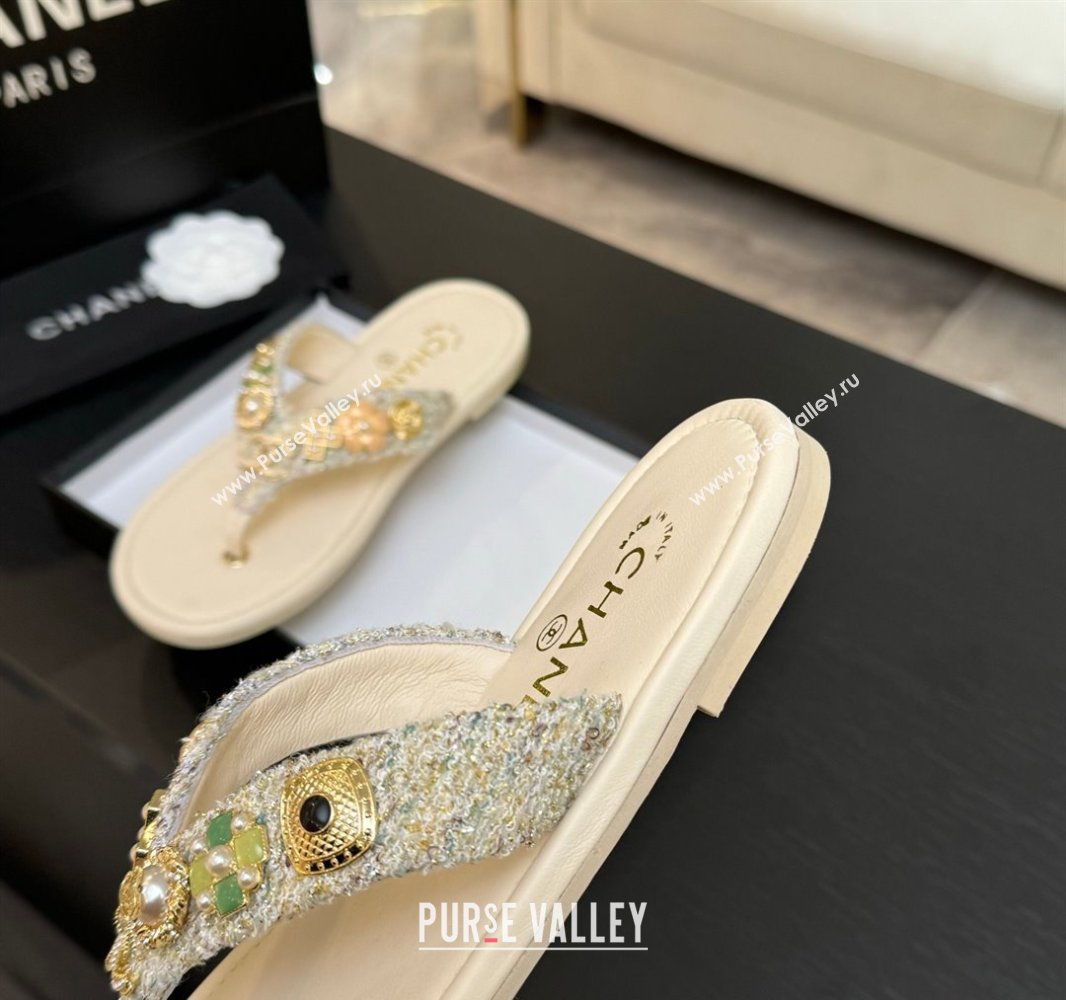 Chanel Tweed Flat Thong Slide Sandals with Charm Nude 2025 G46304 (MD-250416137)