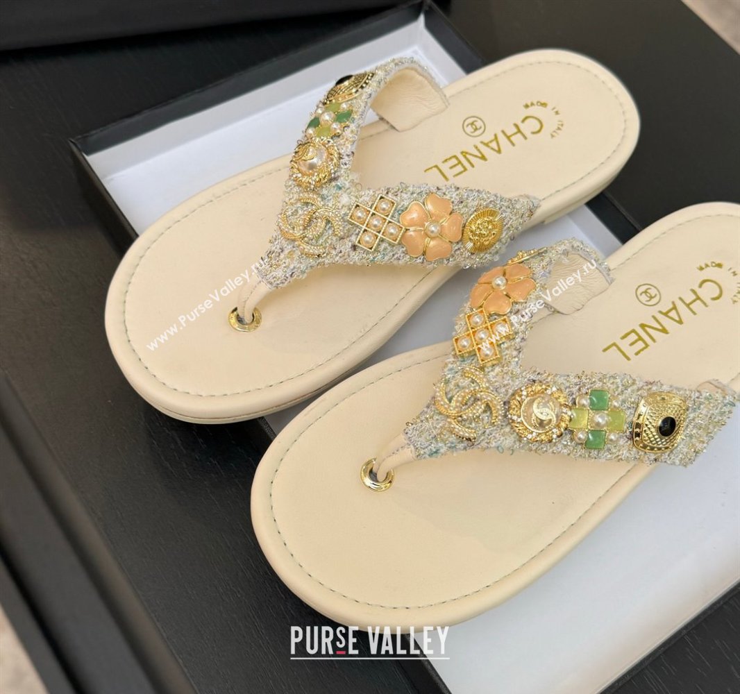 Chanel Tweed Flat Thong Slide Sandals with Charm Nude 2025 G46304 (MD-250416137)