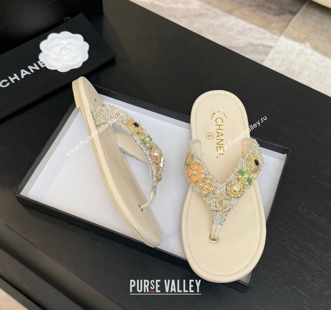 Chanel Tweed Flat Thong Slide Sandals with Charm Nude 2025 G46304 (MD-250416137)