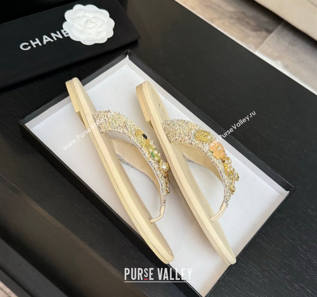 Chanel Tweed Flat Thong Slide Sandals with Charm Nude 2025 G46304 (MD-250416137)