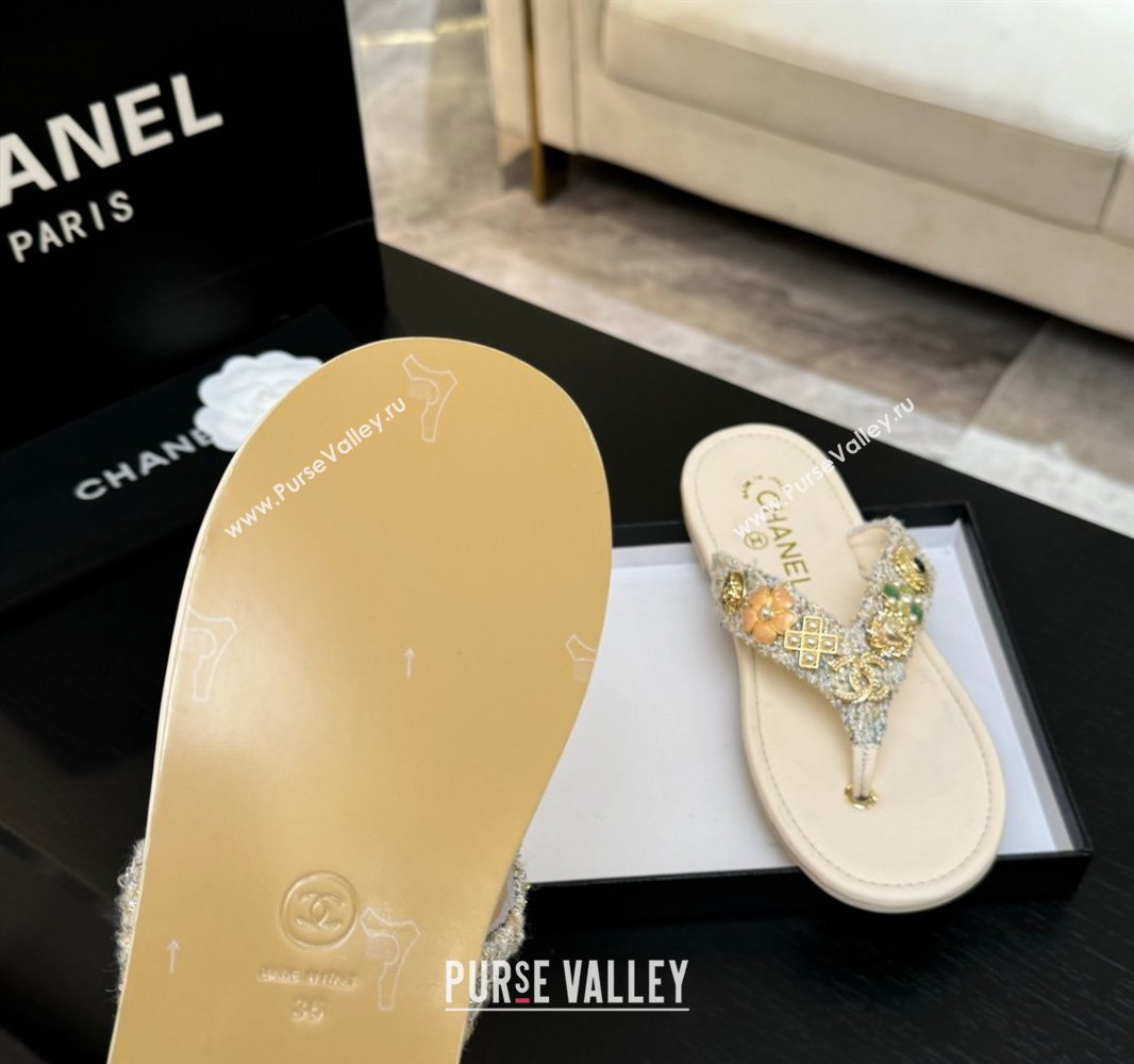 Chanel Tweed Flat Thong Slide Sandals with Charm Nude 2025 G46304 (MD-250416137)