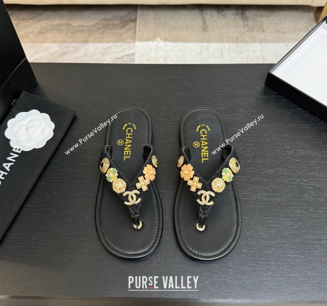 Chanel Tweed Flat Thong Slide Sandals with Charm Black2 2025 G46304 (MD-250416138)