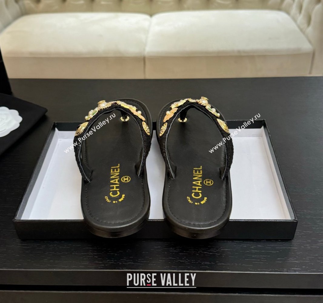 Chanel Tweed Flat Thong Slide Sandals with Charm Black2 2025 G46304 (MD-250416138)