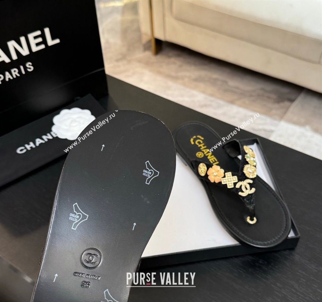 Chanel Tweed Flat Thong Slide Sandals with Charm Black2 2025 G46304 (MD-250416138)