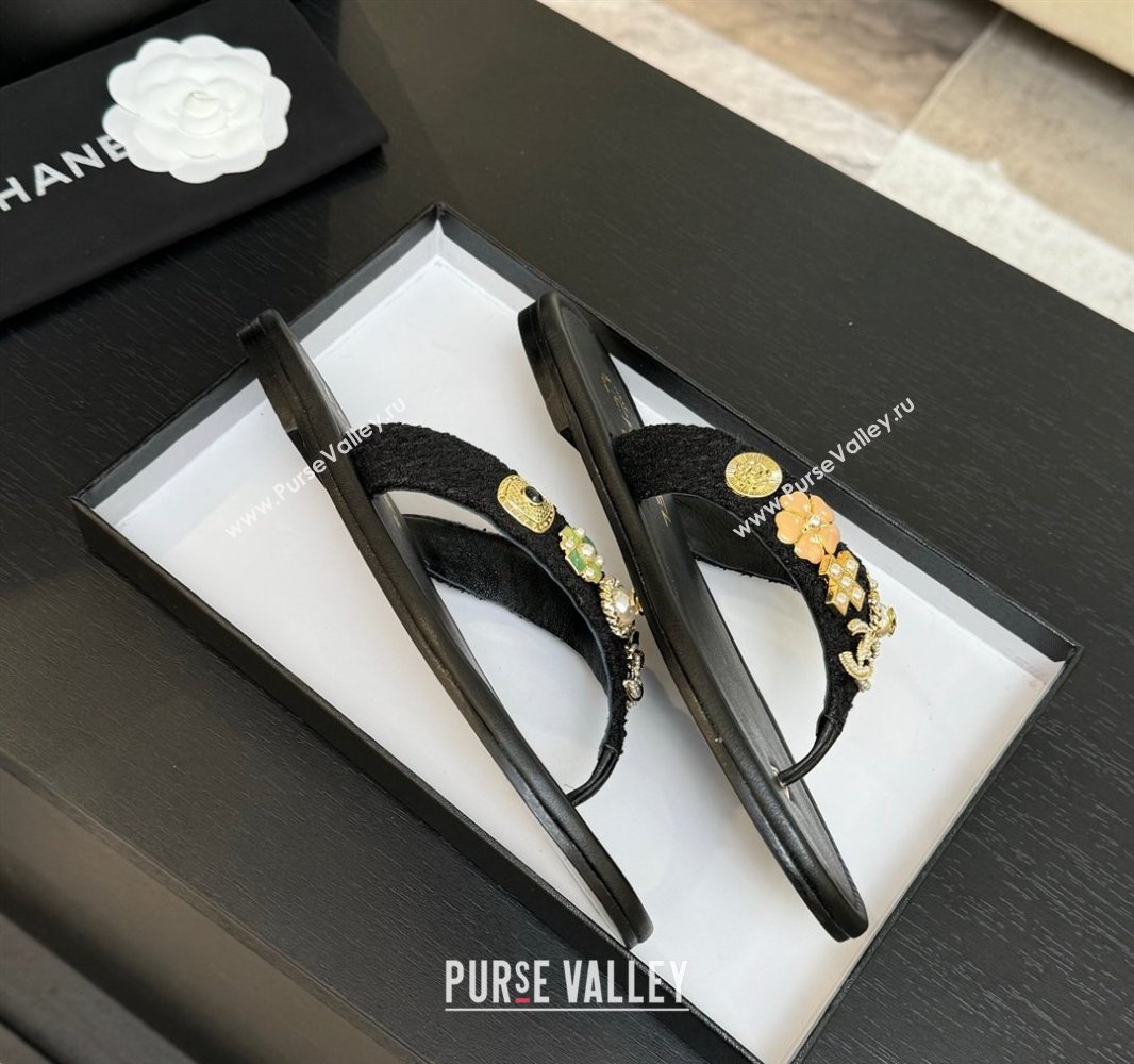 Chanel Tweed Flat Thong Slide Sandals with Charm Black2 2025 G46304 (MD-250416138)