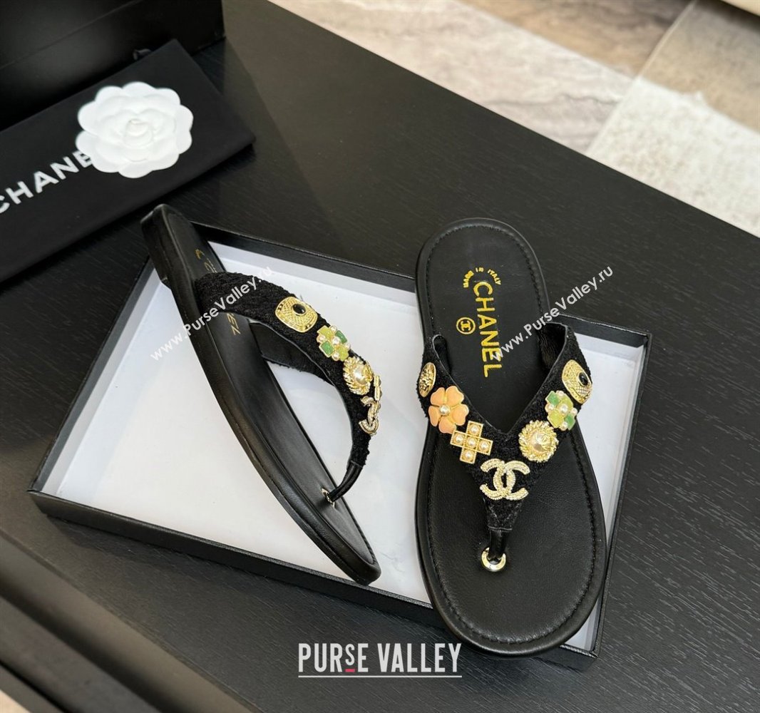 Chanel Tweed Flat Thong Slide Sandals with Charm Black2 2025 G46304 (MD-250416138)