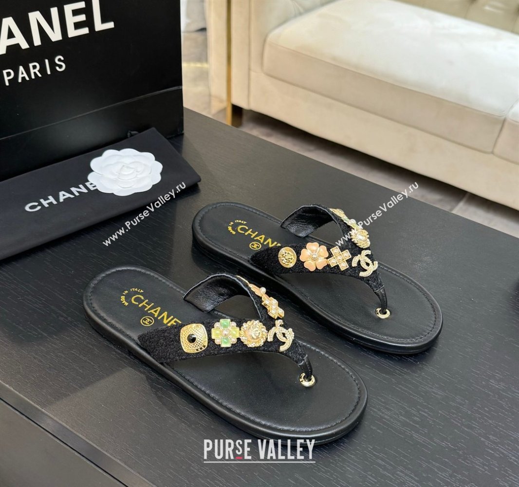 Chanel Tweed Flat Thong Slide Sandals with Charm Black2 2025 G46304 (MD-250416138)