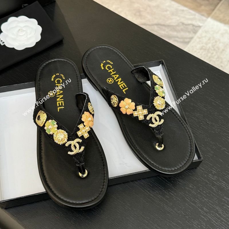 Chanel Tweed Flat Thong Slide Sandals with Charm Black2 2025 G46304 (MD-250416138)