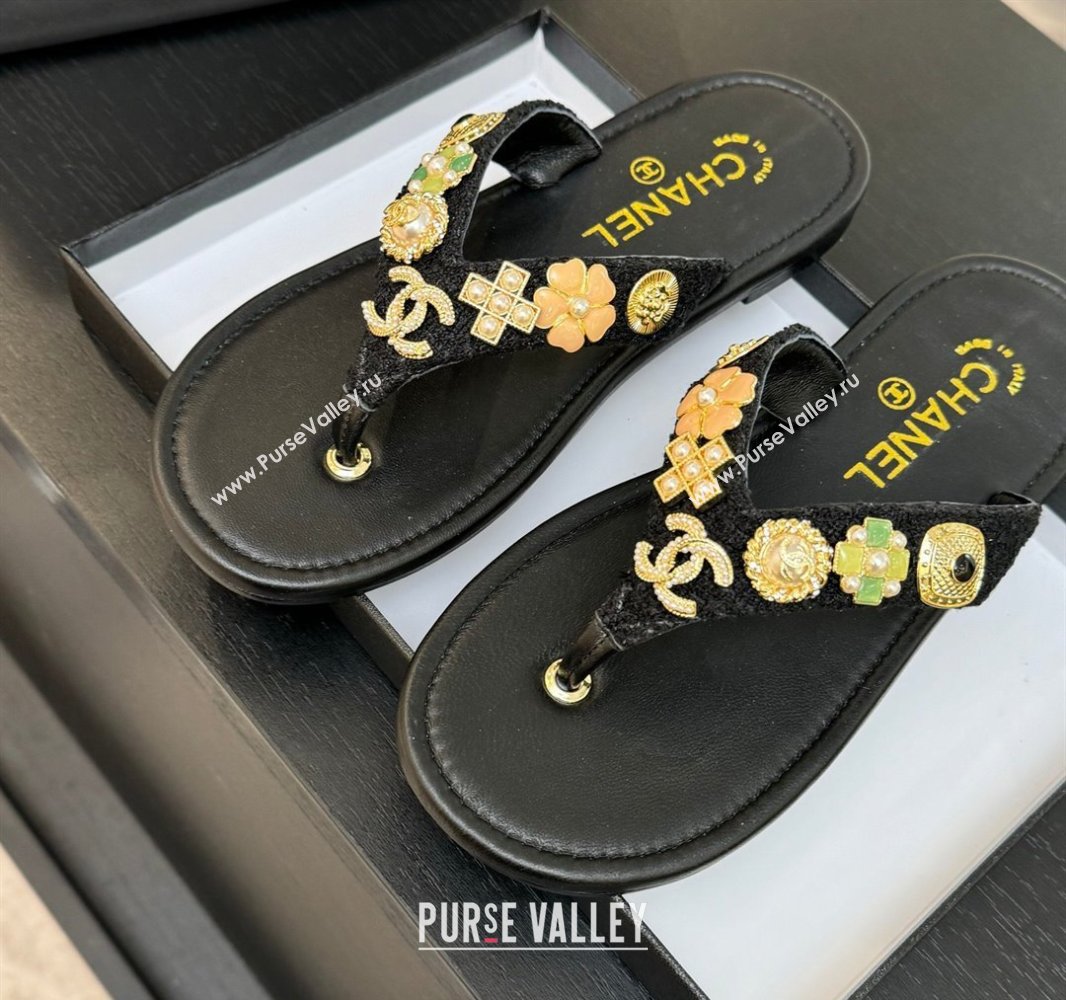 Chanel Tweed Flat Thong Slide Sandals with Charm Black2 2025 G46304 (MD-250416138)