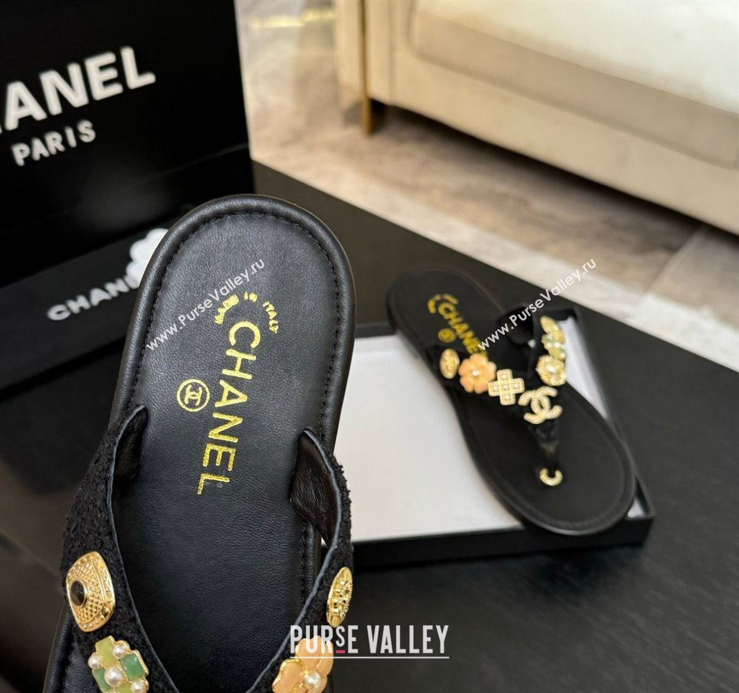 Chanel Tweed Flat Thong Slide Sandals with Charm Black2 2025 G46304 (MD-250416138)