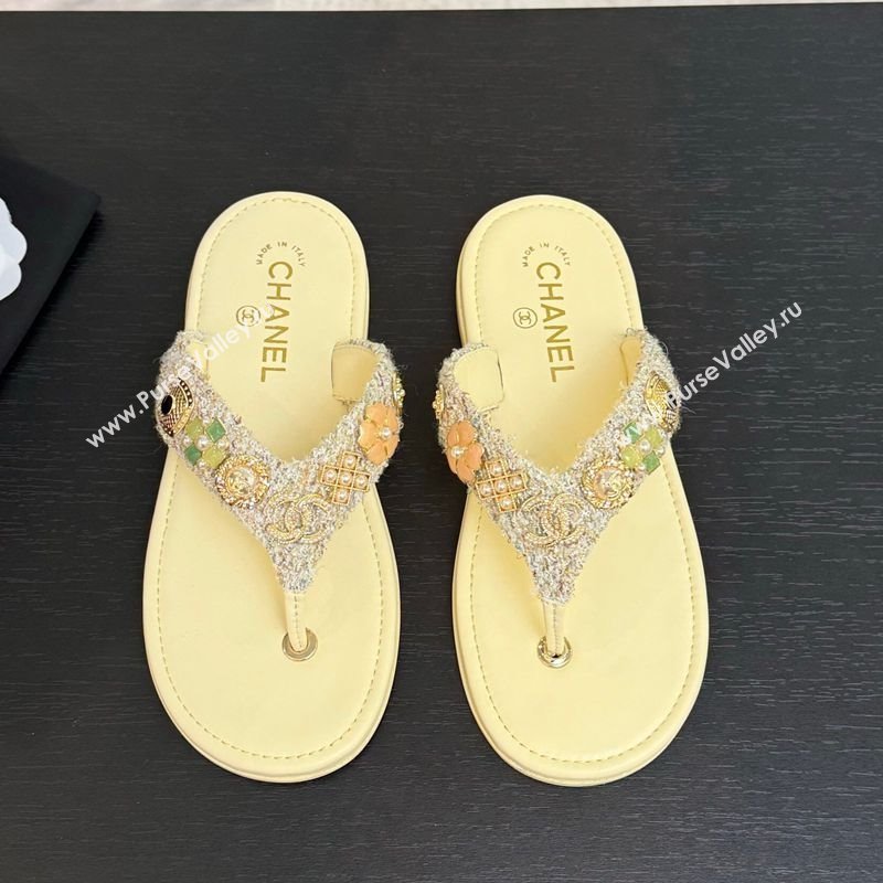 Chanel Tweed Flat Thong Slide Sandals with Charm Yellow 2025 G46304 (MD-250416139)