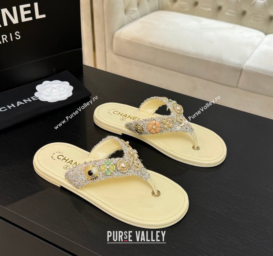 Chanel Tweed Flat Thong Slide Sandals with Charm Yellow 2025 G46304 (MD-250416139)