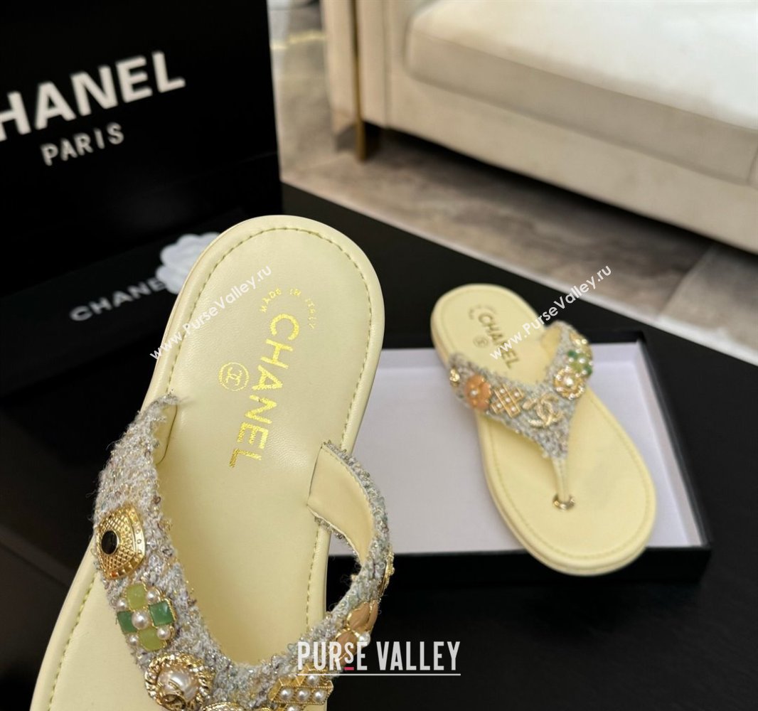 Chanel Tweed Flat Thong Slide Sandals with Charm Yellow 2025 G46304 (MD-250416139)
