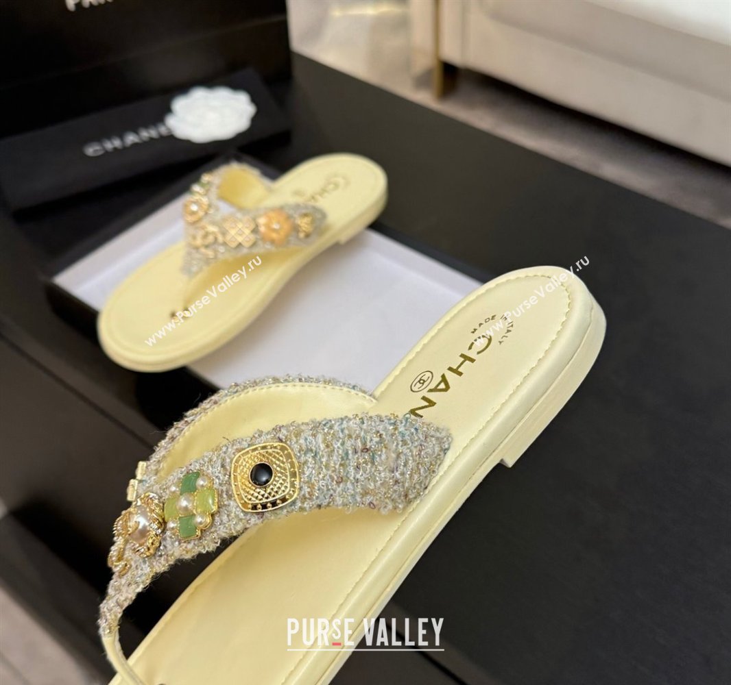 Chanel Tweed Flat Thong Slide Sandals with Charm Yellow 2025 G46304 (MD-250416139)