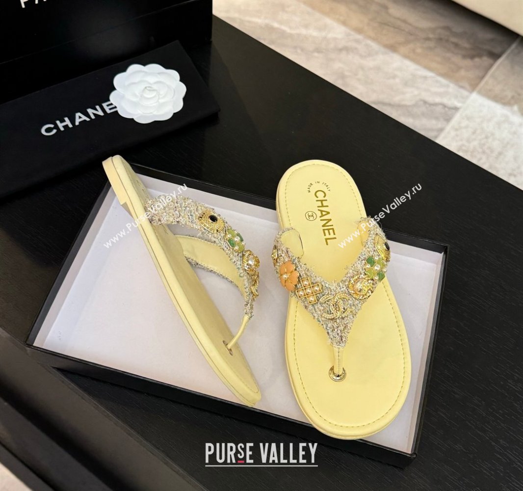 Chanel Tweed Flat Thong Slide Sandals with Charm Yellow 2025 G46304 (MD-250416139)