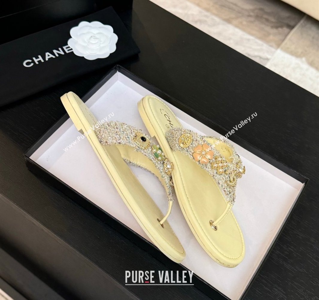 Chanel Tweed Flat Thong Slide Sandals with Charm Yellow 2025 G46304 (MD-250416139)