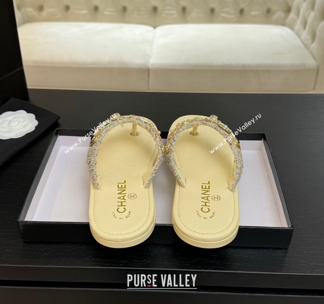 Chanel Tweed Flat Thong Slide Sandals with Charm Yellow 2025 G46304 (MD-250416139)