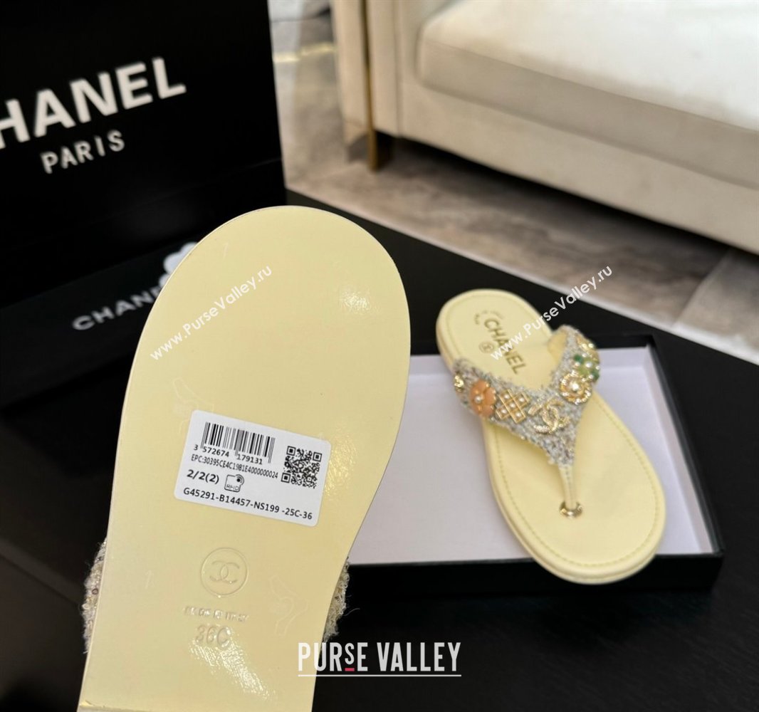 Chanel Tweed Flat Thong Slide Sandals with Charm Yellow 2025 G46304 (MD-250416139)