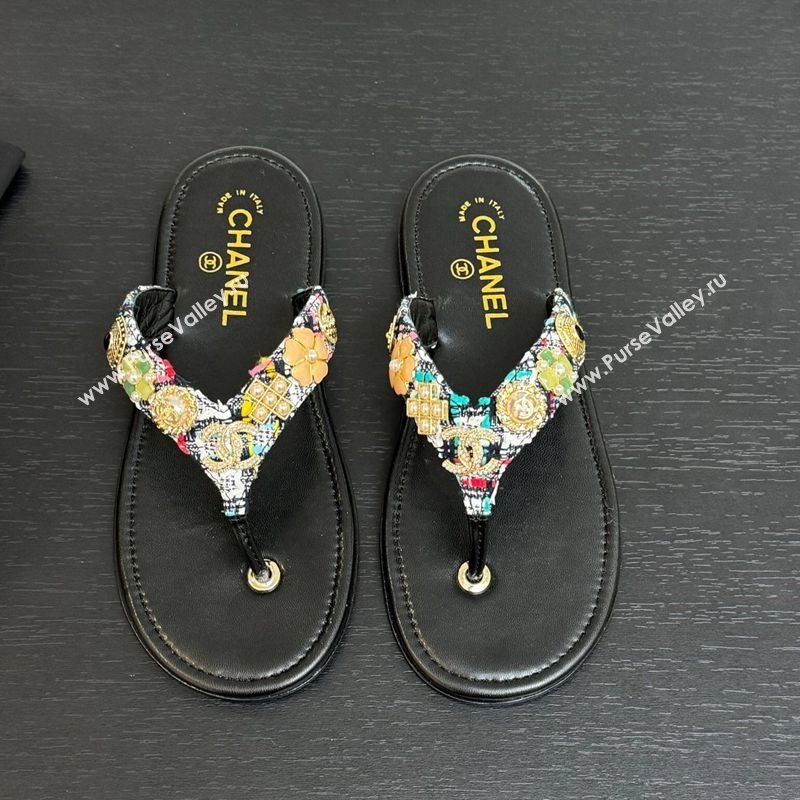 Chanel Tweed Flat Thong Slide Sandals with Charm Black1 2025 G46304 (MD-250416140)
