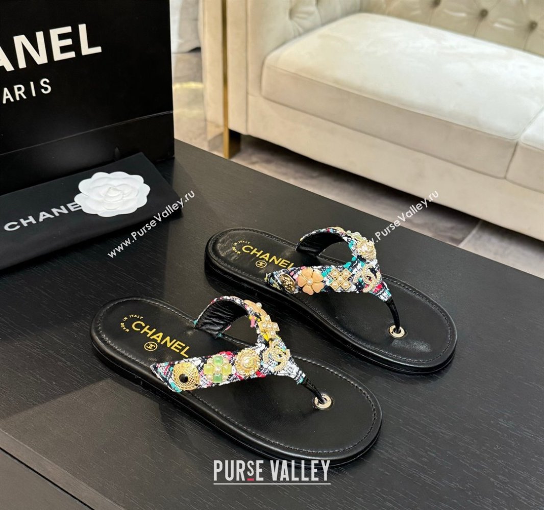 Chanel Tweed Flat Thong Slide Sandals with Charm Black1 2025 G46304 (MD-250416140)