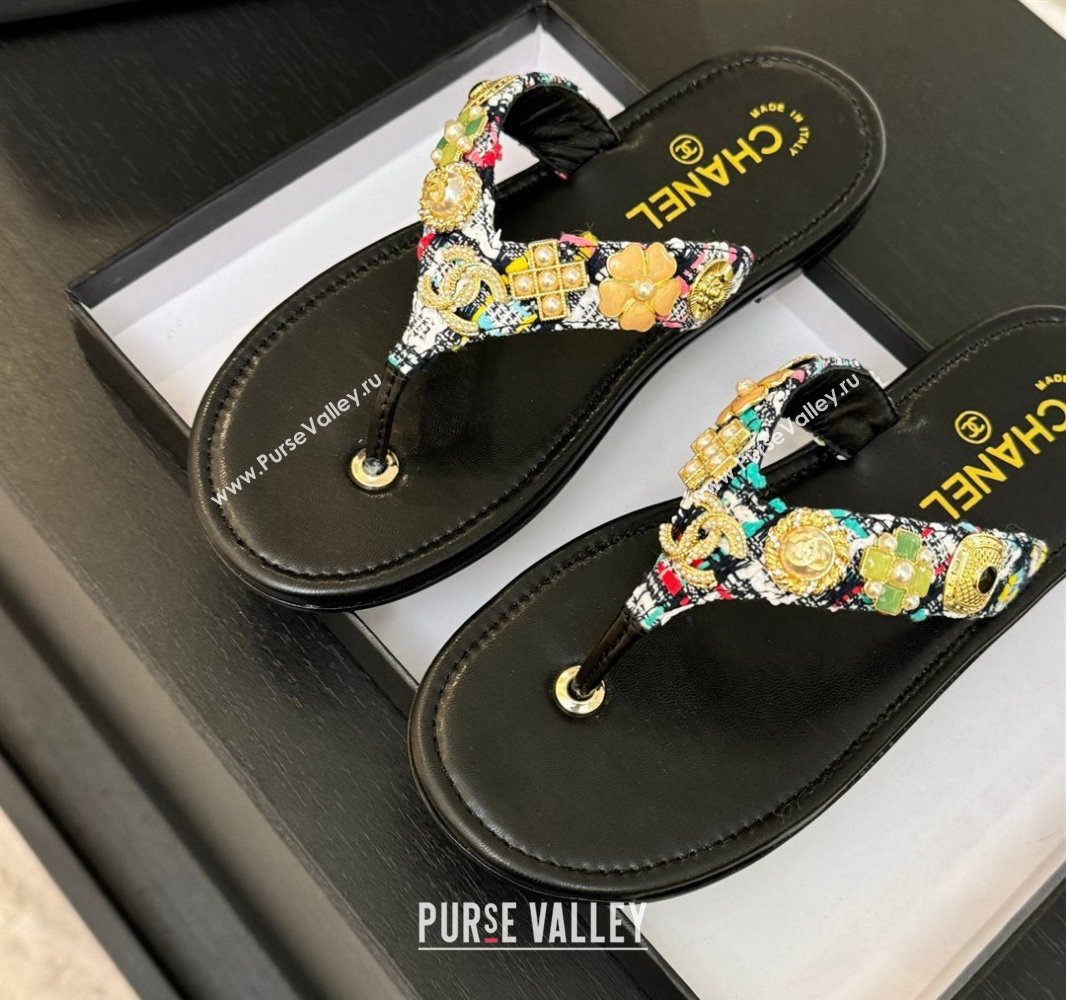 Chanel Tweed Flat Thong Slide Sandals with Charm Black1 2025 G46304 (MD-250416140)
