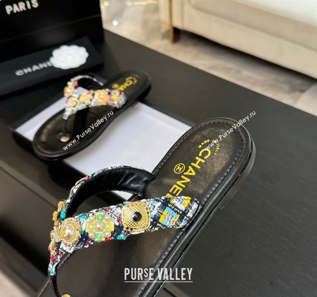 Chanel Tweed Flat Thong Slide Sandals with Charm Black1 2025 G46304 (MD-250416140)