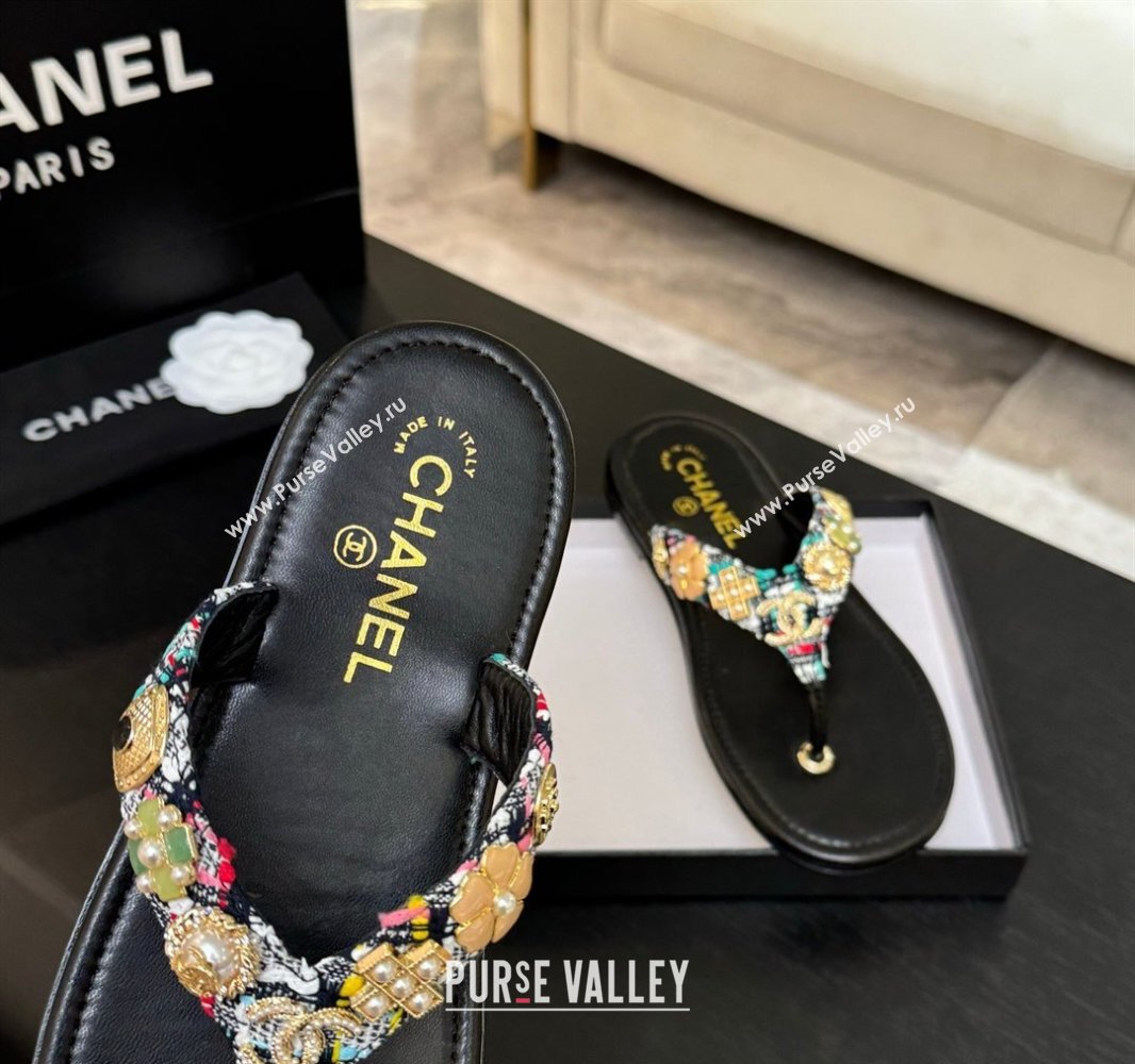 Chanel Tweed Flat Thong Slide Sandals with Charm Black1 2025 G46304 (MD-250416140)