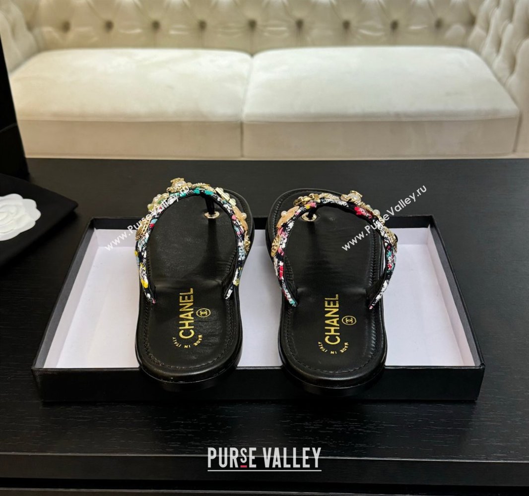 Chanel Tweed Flat Thong Slide Sandals with Charm Black1 2025 G46304 (MD-250416140)