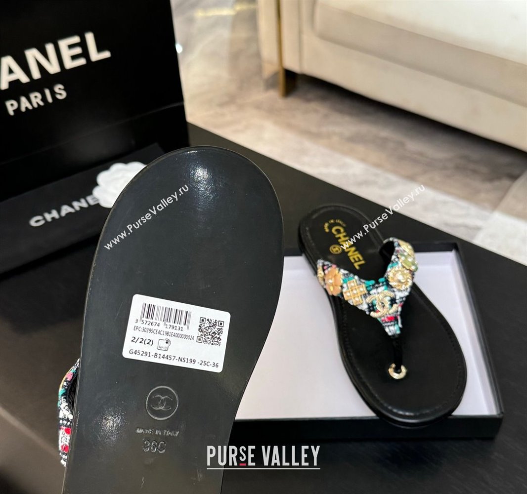 Chanel Tweed Flat Thong Slide Sandals with Charm Black1 2025 G46304 (MD-250416140)