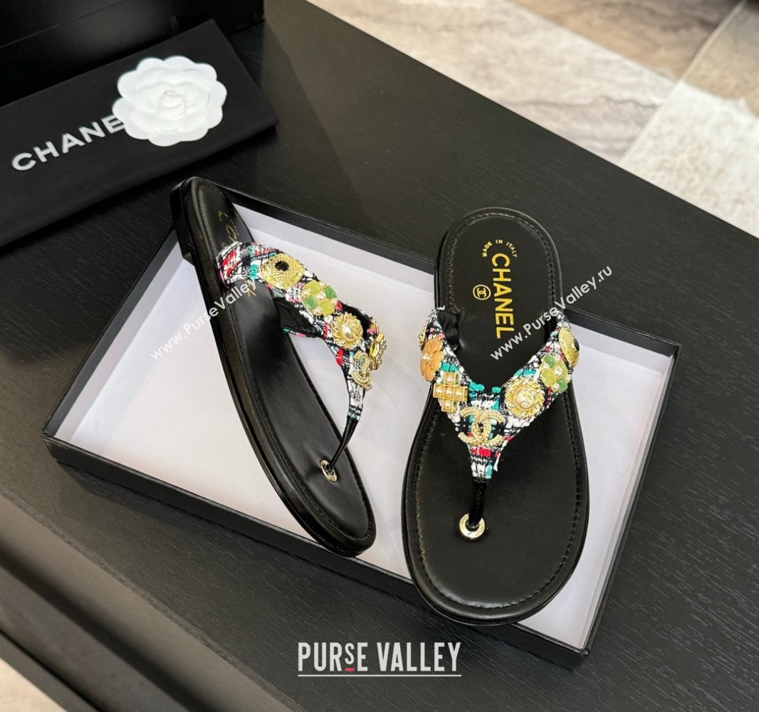 Chanel Tweed Flat Thong Slide Sandals with Charm Black1 2025 G46304 (MD-250416140)