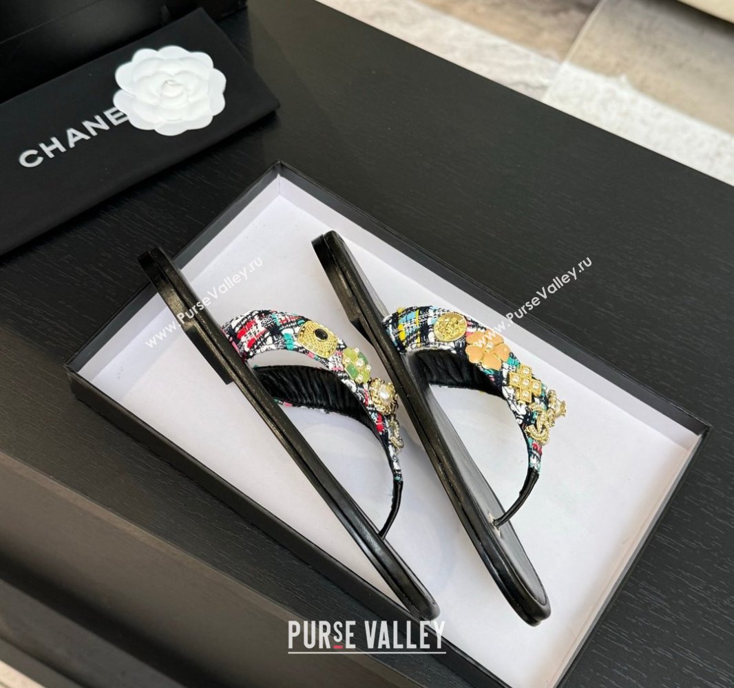 Chanel Tweed Flat Thong Slide Sandals with Charm Black1 2025 G46304 (MD-250416140)