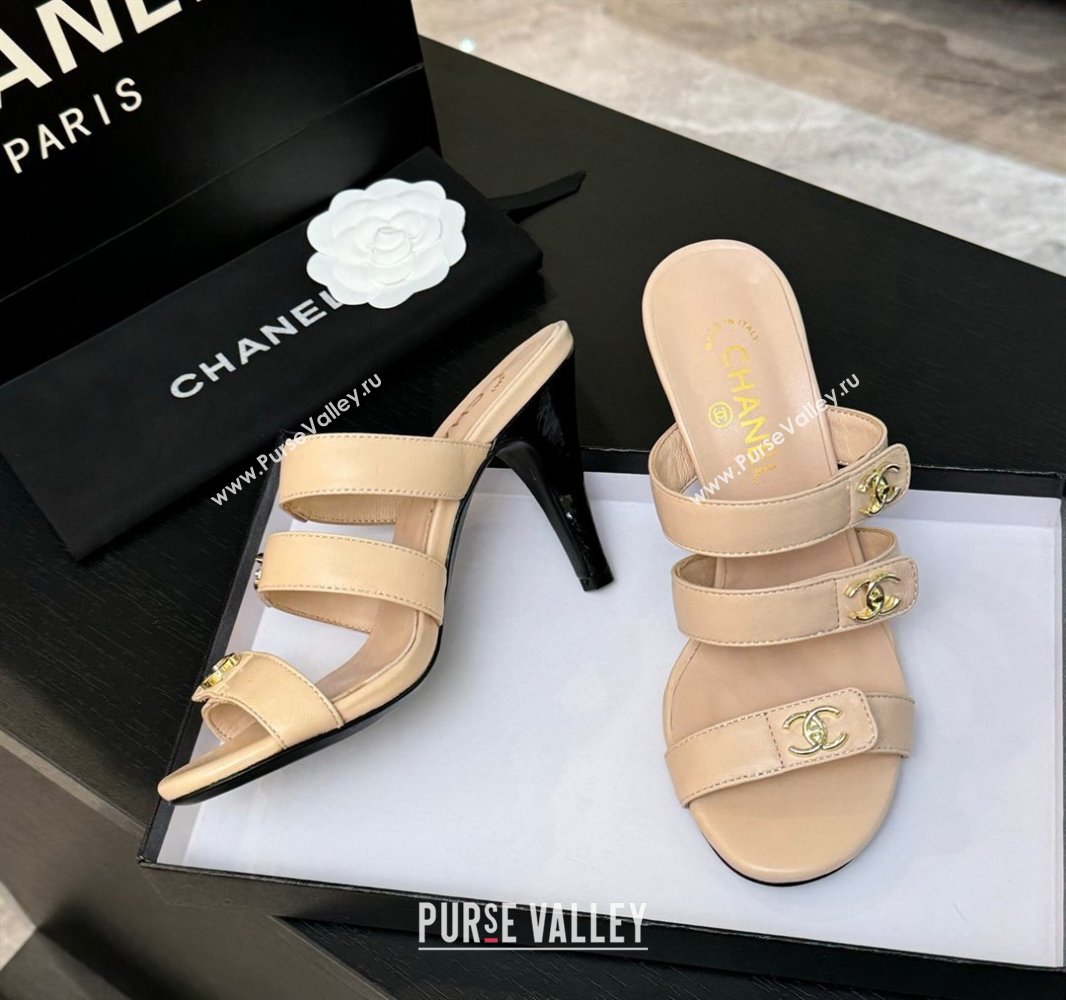 Chanel Lambskin Heel Sandals 8cm with CC Straps Beige 2025 CH041603 (MD-250416007)