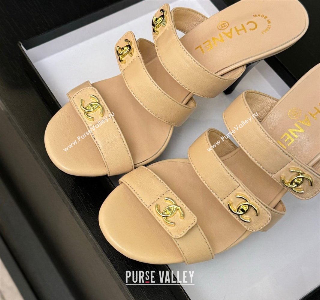 Chanel Lambskin Heel Sandals 8cm with CC Straps Beige 2025 CH041603 (MD-250416007)