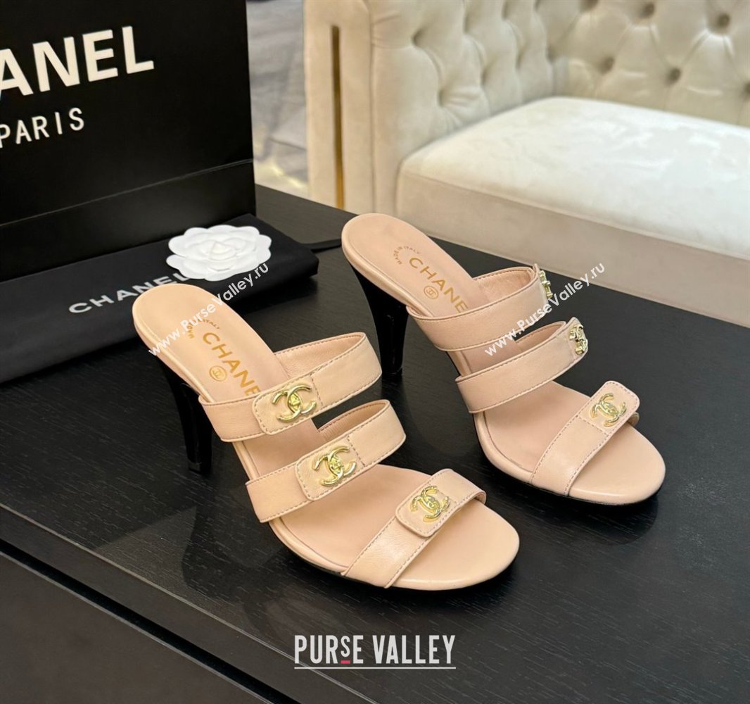 Chanel Lambskin Heel Sandals 8cm with CC Straps Beige 2025 CH041603 (MD-250416007)