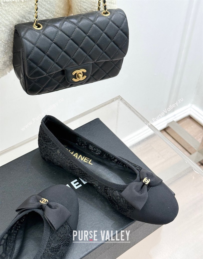 Chanel Lace Grosgrain Ballet Flats with Bow Black 2025 CH041610 (MD-250416067)
