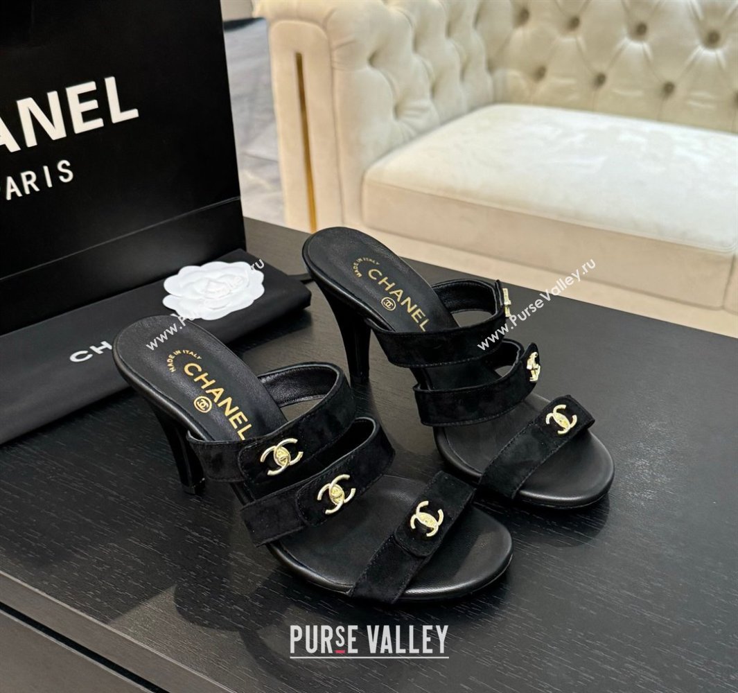 Chanel Suede Heel Sandals 8cm with CC Straps Black 2025 CH041603 (MD-250416009)