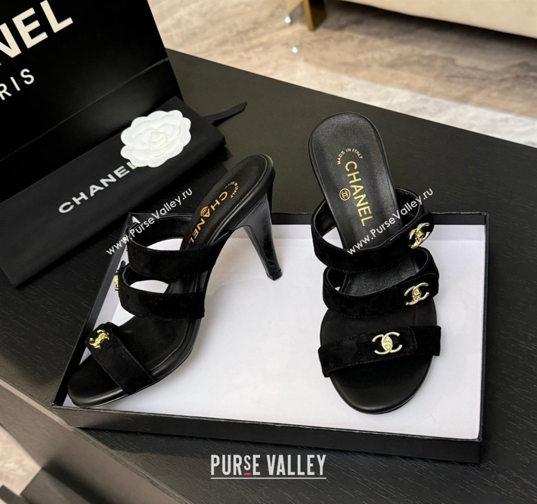 Chanel Suede Heel Sandals 8cm with CC Straps Black 2025 CH041603 (MD-250416009)
